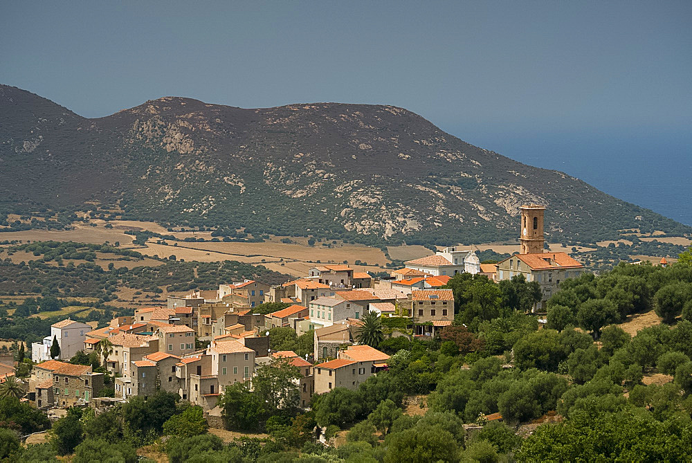 An elevated view of the picturesque village of Aregno in the inland Haute Balagne region, Corsica, France, Mediterranean, Europe