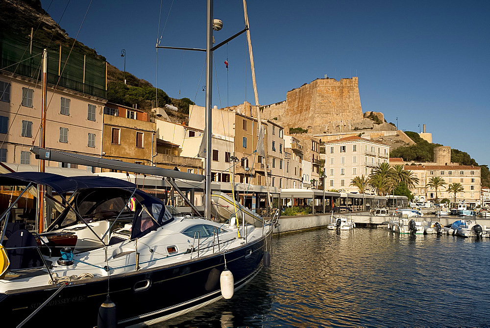 A view of yachts in the harbour and the citadel in Bonifacio, Corsica, France, Mediterranean, Europe