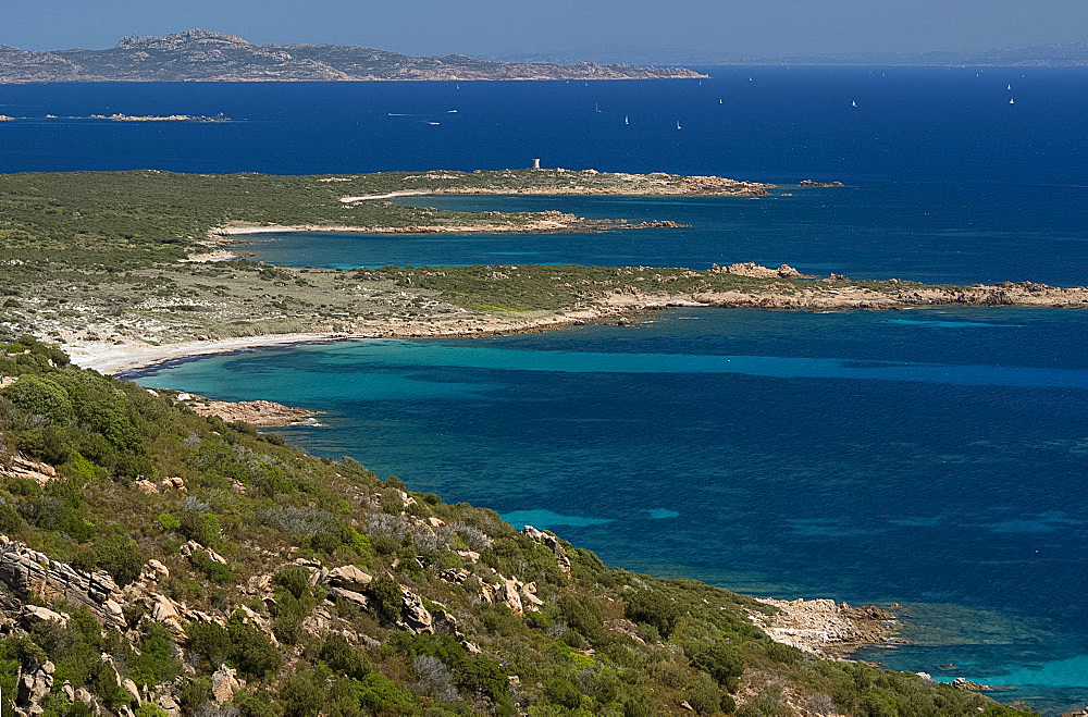 An elevated view of the southwest coast of Corsica near Bonifacio called Reserve Naturelle des Bouches de Bonifacio, Corsica, France, Mediterranean, Europe