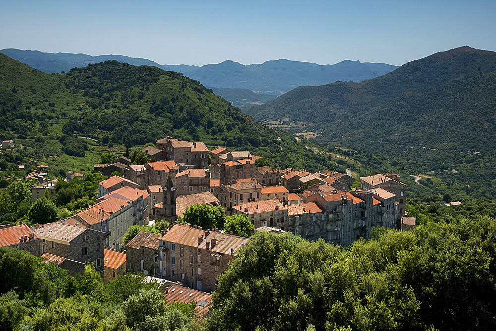 An aerial view of  the rooftops of Sainte-Lucie-de-Tallano in the Alta Rocca region of Corsica, France, Europe