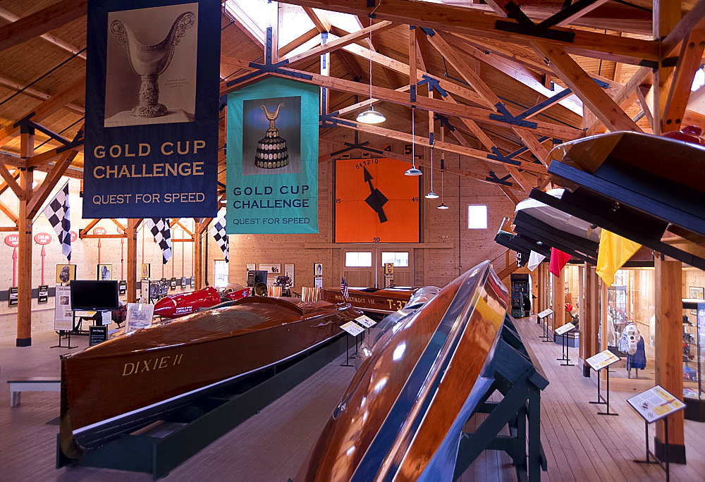 Antique wooden racing boats in The Antique Boat Museum in Clayton, New York, United States of America, North America