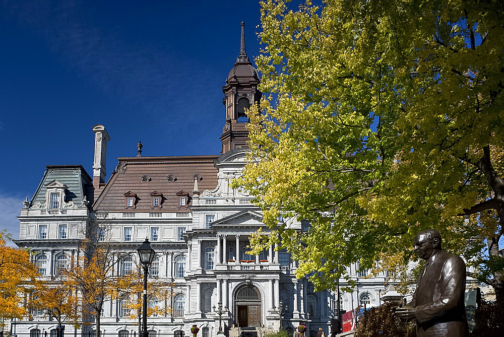 The Hotel de Ville surrounded by autumn foliage, Montreal, Quebec Province, Canada, North America