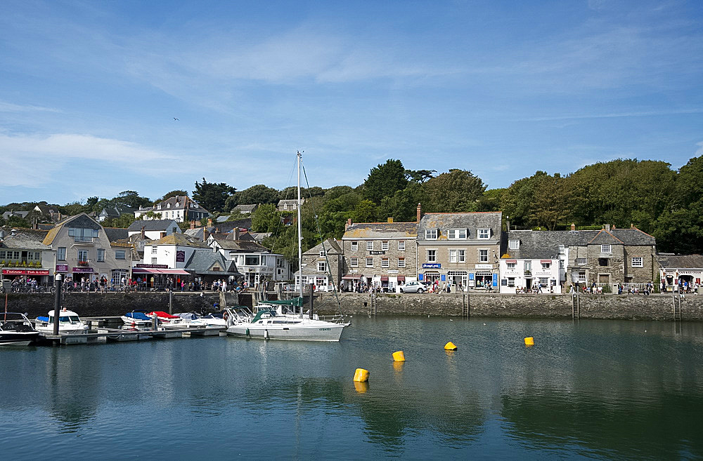 A view of the quaint stone buildings around the harbour in Padstow, Cornwall, England, United Kingdom, Europe