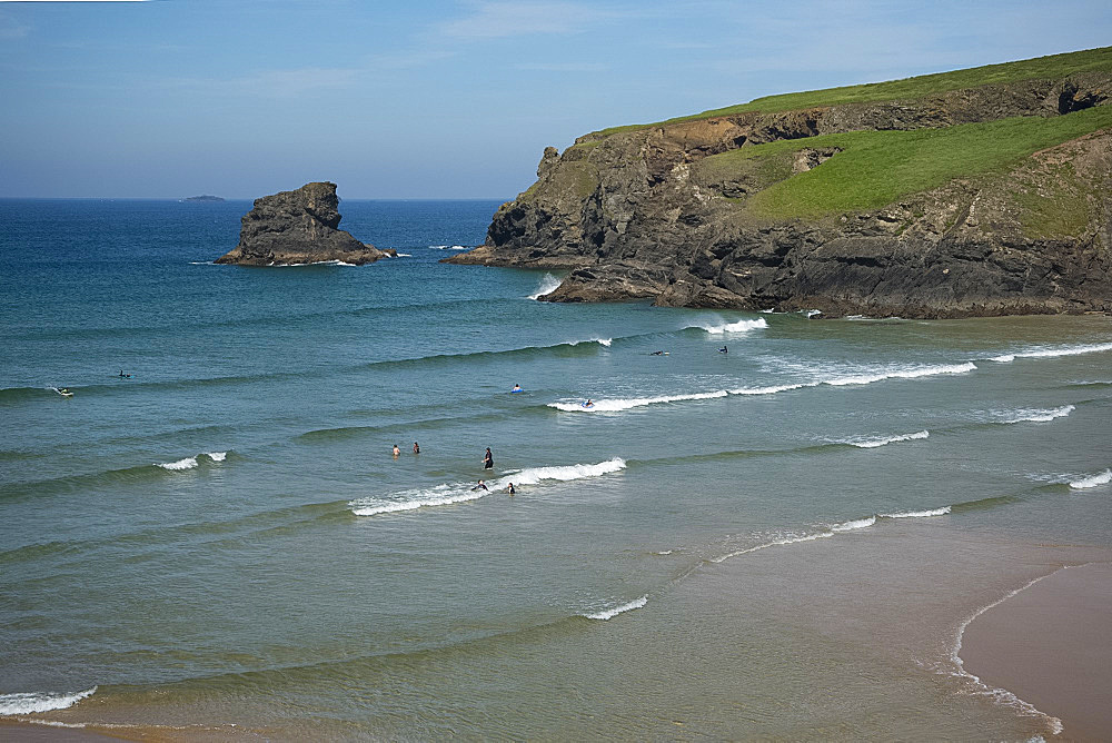 Swimmers in the water at Porthcothan Bay, Cornwall, England, United Kingdom, Europe