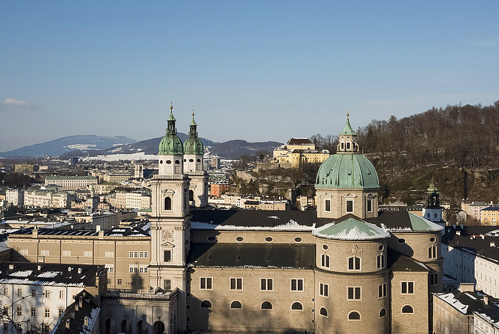 A view of the domes of the Salzburg Cathedral in the Altstadt, Salzburg, Austria, Europe