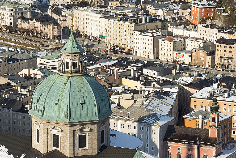 An aerial view of one of the domes of the Salzburg Cathedral and surrounding buildings in the Altstadt, Salzburg, Austria, Europe