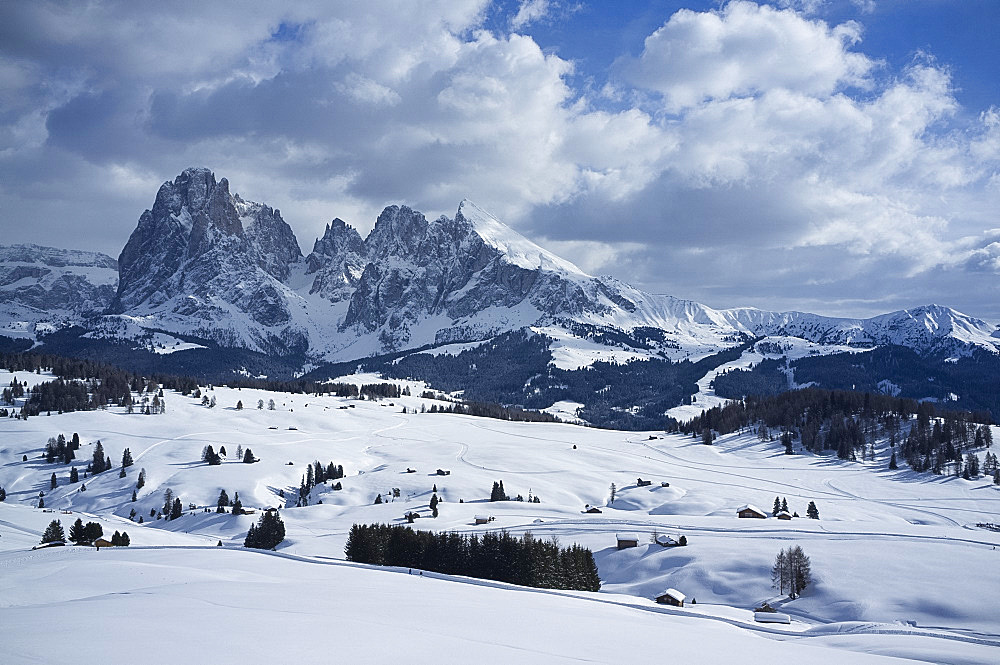 A snowy view of Sassolungo and Sassopiato Mountains behind the Alpe di Siusi ski area in the Dolomites, South Tyrol, Italy, Europe