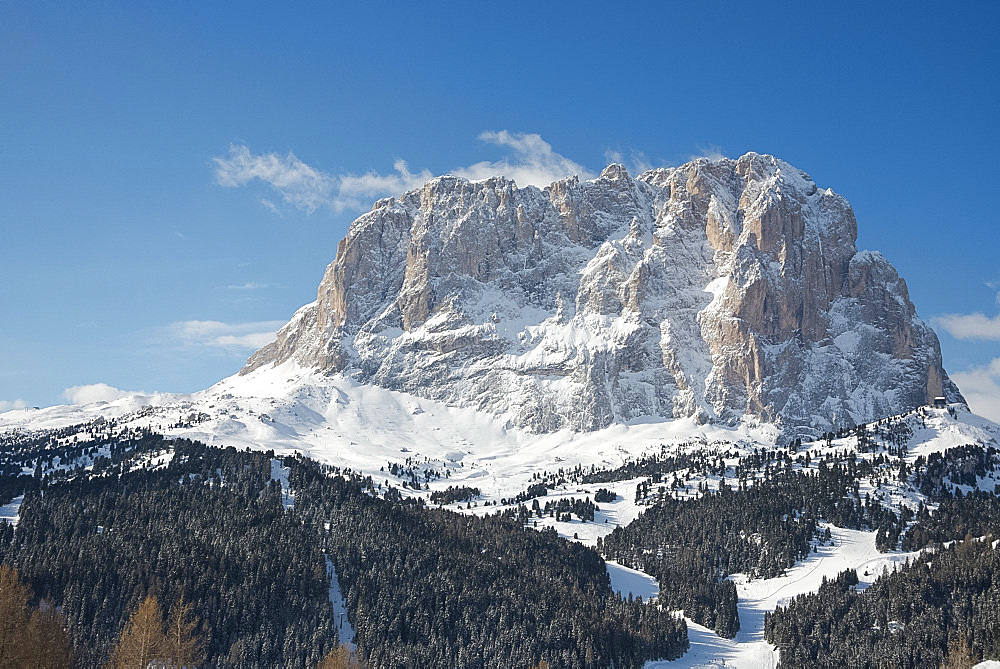 A winter view of Sassolungo Mountain in the Dolomites in the South Tyrol, Italy, Europe