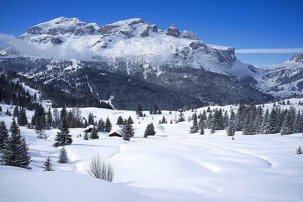 The Lavarella and Coutrine Mountains and fresh snow at the Alta Badia ski resort near Corvara, Dolomites, South Tyrol, Italy, Europe