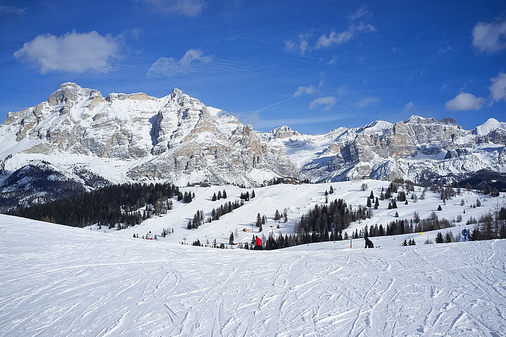 The Alta Badia ski resort with Lavarella and Contourines mountains behind, Corvara, Dolomites, South Tyrol, Italy, Europe