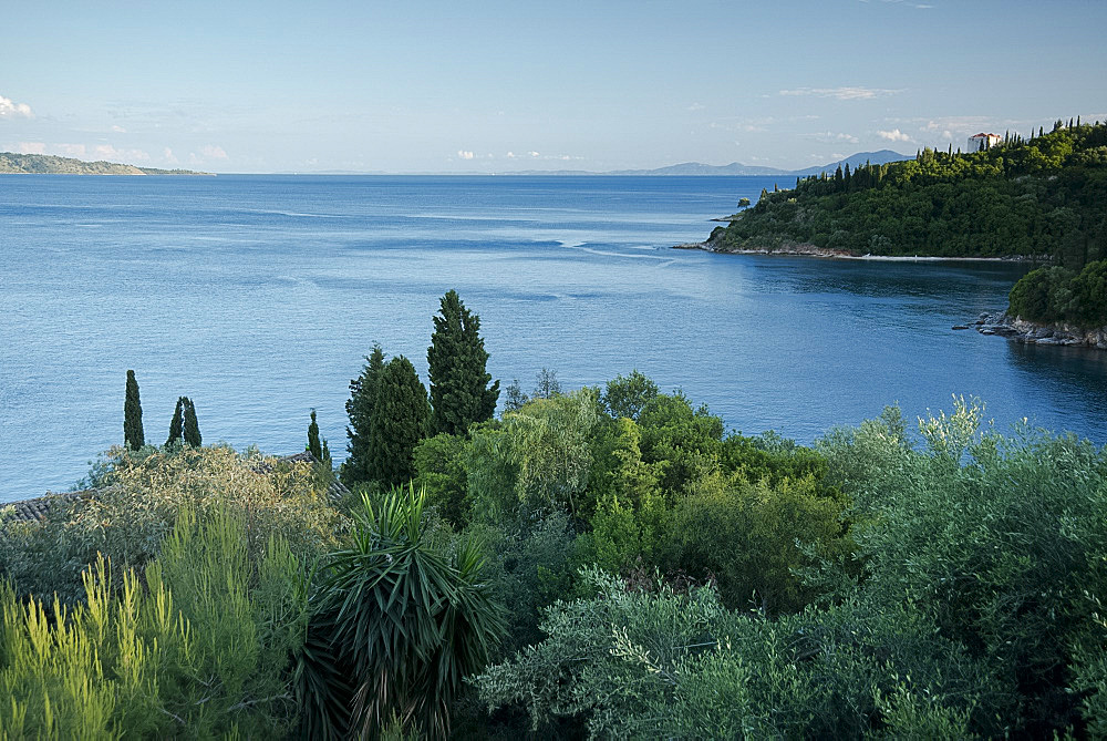 A view of the coastline of northeast Corfu and the Ionian Sea near Agios Stefanos, Corfu, Greek Islands, Greece, Europe