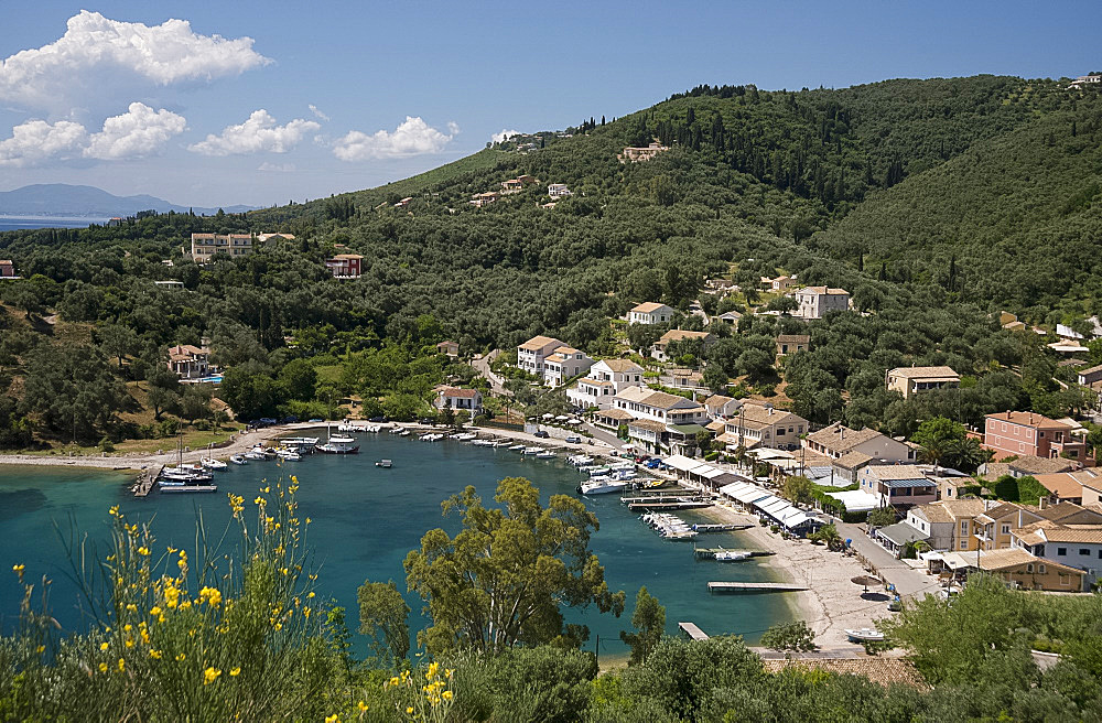 An aerial view of the town of Agios Stefanos on the northeast coast of the island of Corfu, Greek Islands, Greece, Europe