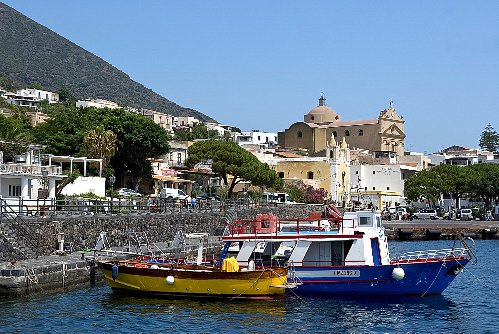 Colourful wooden boats in Santa Marina, Salina Island, The Aeolian Islands, UNESCO World Heritage Site, off Sicily, Messina Province, Italy, Mediterranean, Europe