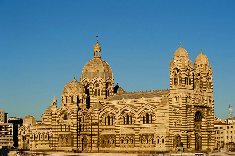 A late afternoon view of the romanesque Cathedral de la Major in Marseilles, Bouches du Rhone, Provence, France, Europe