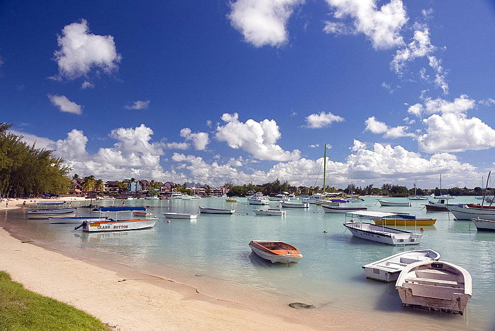 Boats moored in Grand Baie on the north west coast of Mauritius, Indian Ocean, Africa