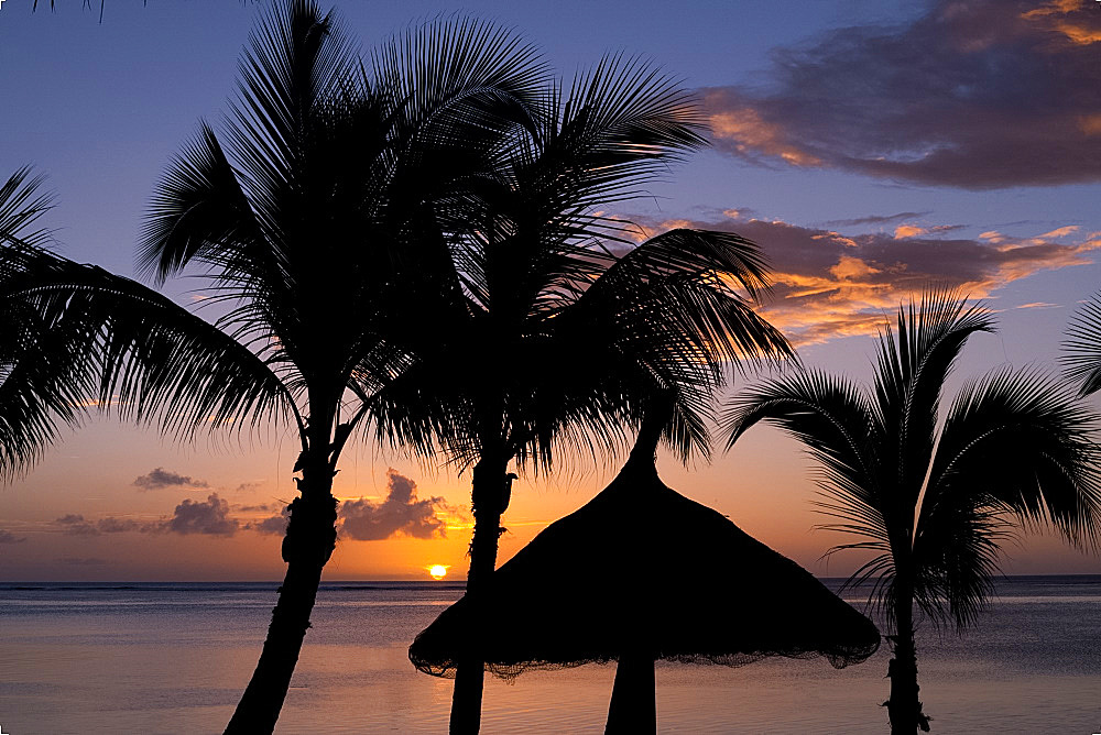 Sunset through palm trees on the beach at the Lux Le Morne Hotel on Le Morne Brabant Peninsula on the south west coast of Mauritius, Indian Ocean, Africa