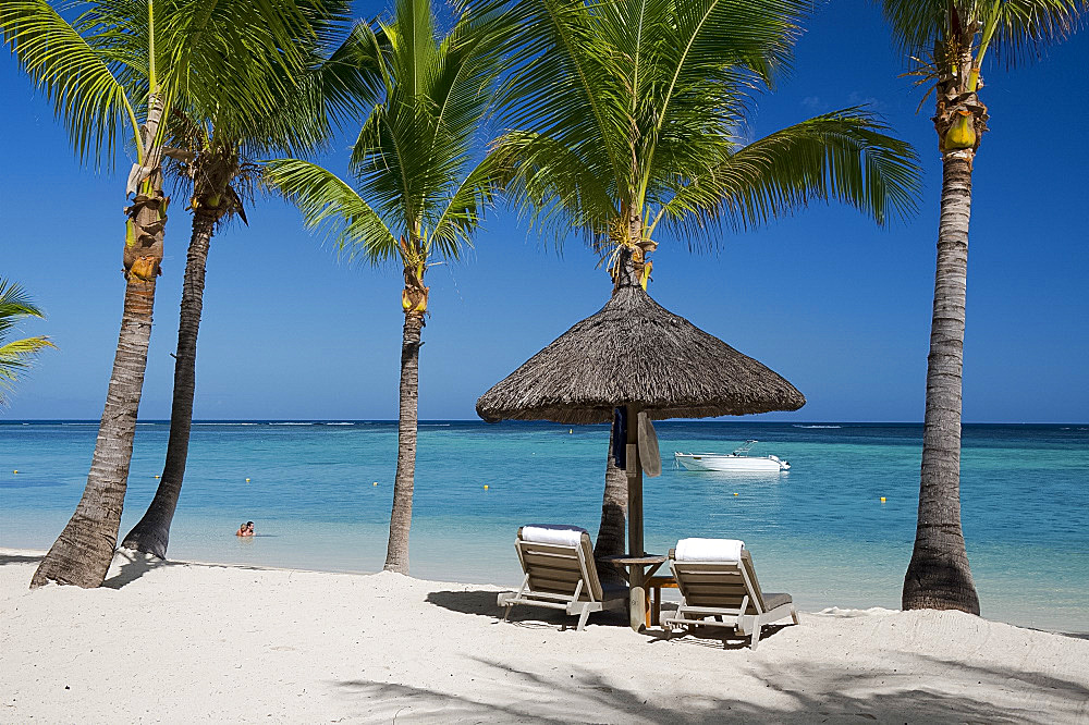 Palm trees and a white sand beach near the Lux Le Morne Hotel, on the Le Morne Brabant Peninsula, Mauritius, Indian Ocean, Africa