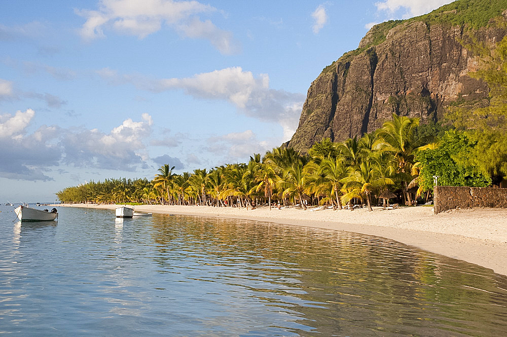 Late afternoon reflections of Le Morne Brabant and palm trees in the sea, Le Morne Brabant Peninsula, south west Mauritius, Indian Ocean, Africa