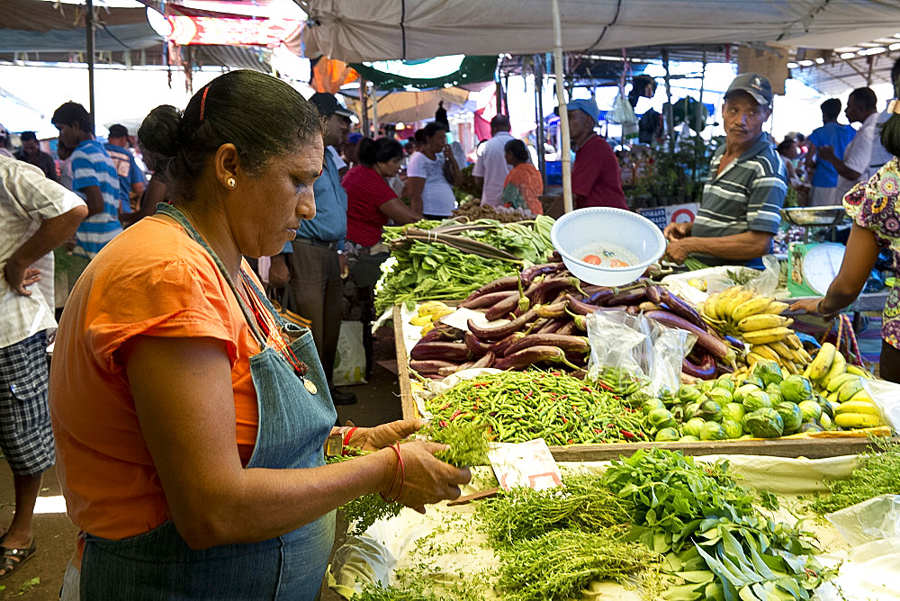 A woman selling vegetables in the market in Mahebourg in Mauritius, The Indian Ocean, Africa