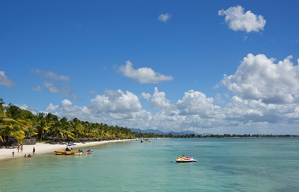 A view of the sea and beach at Trou aux Biches on the north west coast of Mauritius, Indian Ocean, Africa