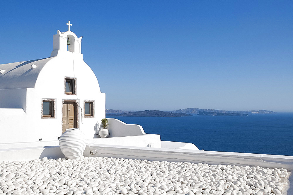 A white washed church in Oia, Santorini, The Cyclades, Greek Islands, Greece, Europe