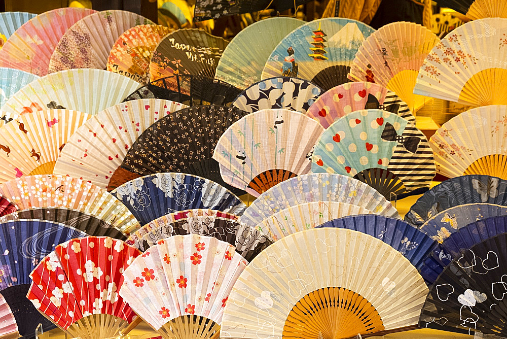 Colourful Japanese fans for sale at a souvenir shop in Kyoto, Japan, Asia