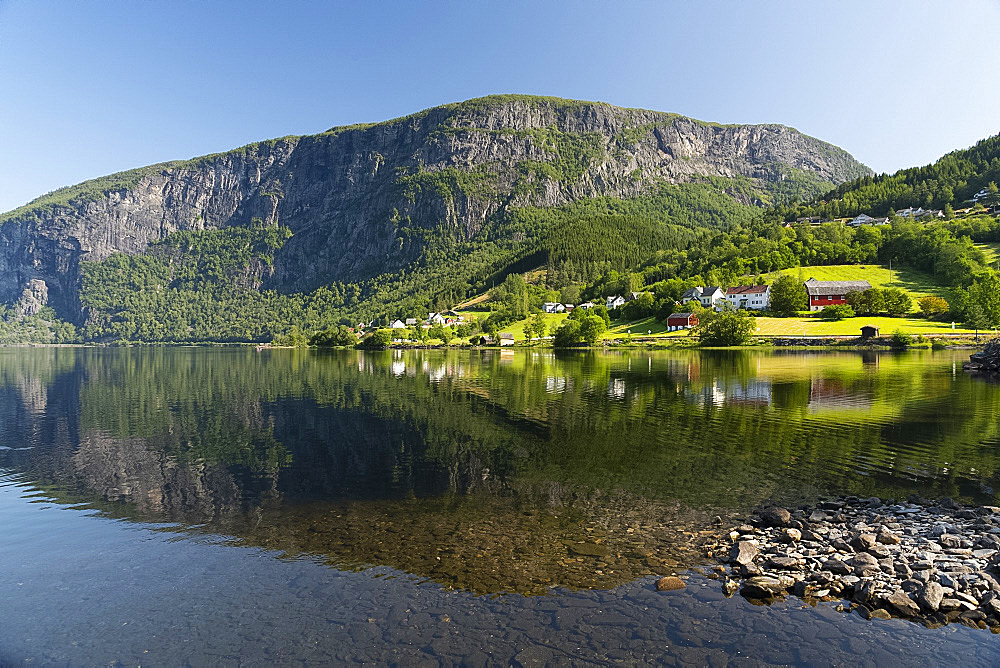 Reflections in still water at Lake Granvinvatnet, Hordaland, Vestlandet, Norway, Scandinavia, Europe