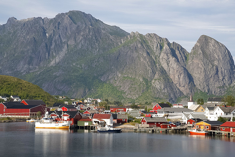 The picturesque fishing village of Reine surrounded by mountains on Moskenesoya, Lofoten Islands, Norway, Europe