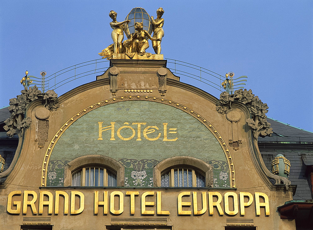 Close-up of the sign and gables of the Grand Hotel Europa in Prague, Czech Republic, Europe