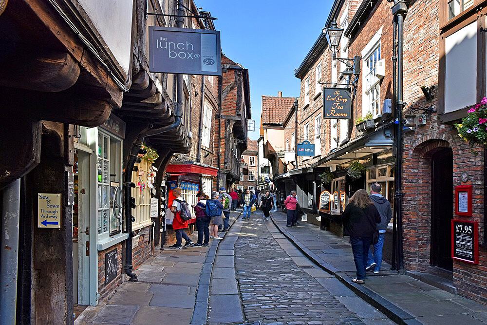 The Shambles, the ancient street of the butchers of York, mentioned in the Doomsday Book of William the Conqueror, York, Yorkshire, England, United Kingdom, Europe