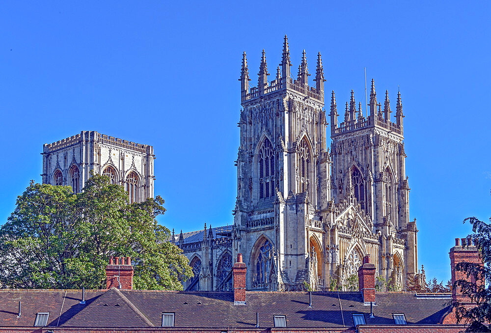 York Minster seen from the city walls at Bootham Bar, York, Yorkshire, England, United Kingdom, Europe