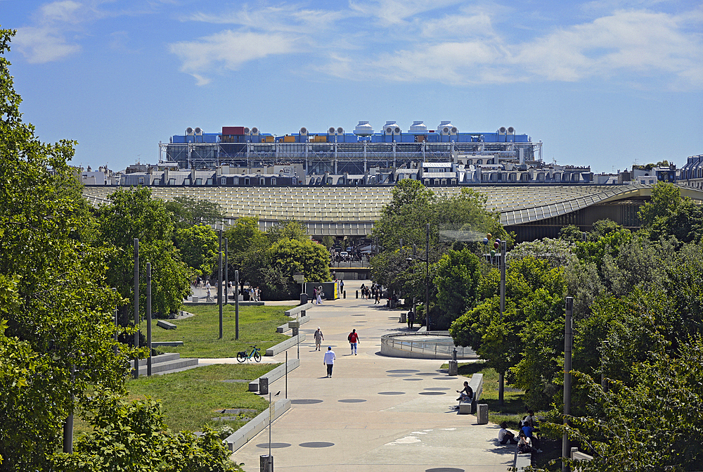 The Pompidou Centre with the new roof of Les Halles seen from Fondation Pinault.