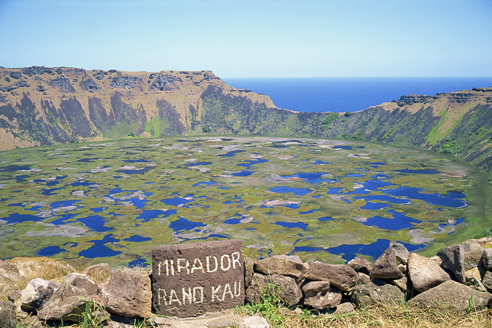 Mirador or viewpoint of Volcan Rano Kau crater lake on Easter Island, Chile, Pacific, South America