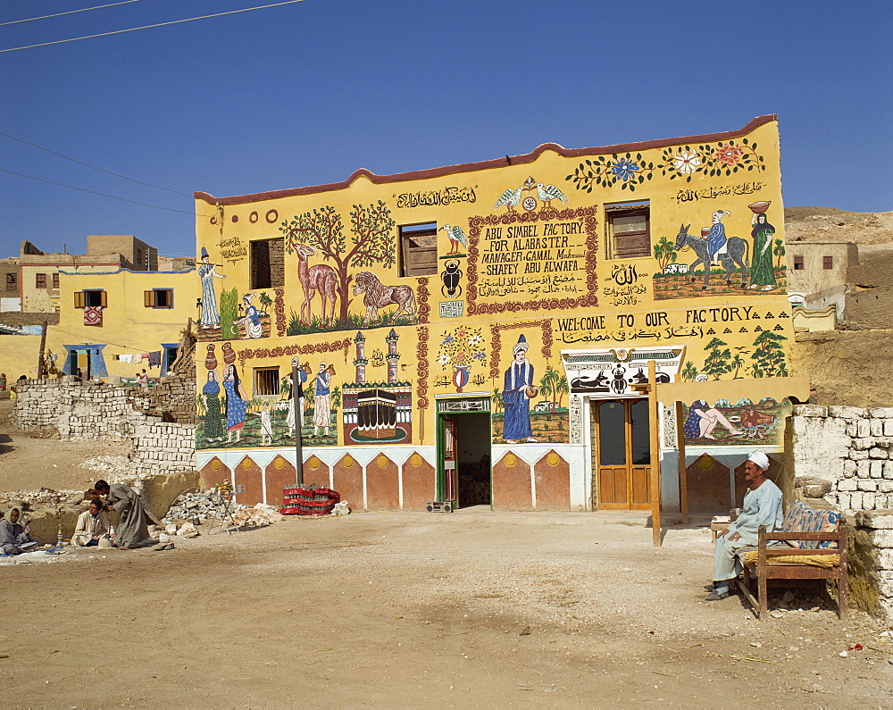 Highly decorated facade of the Abu Simbel alabaster factory, Egypt, North Africa, Africa