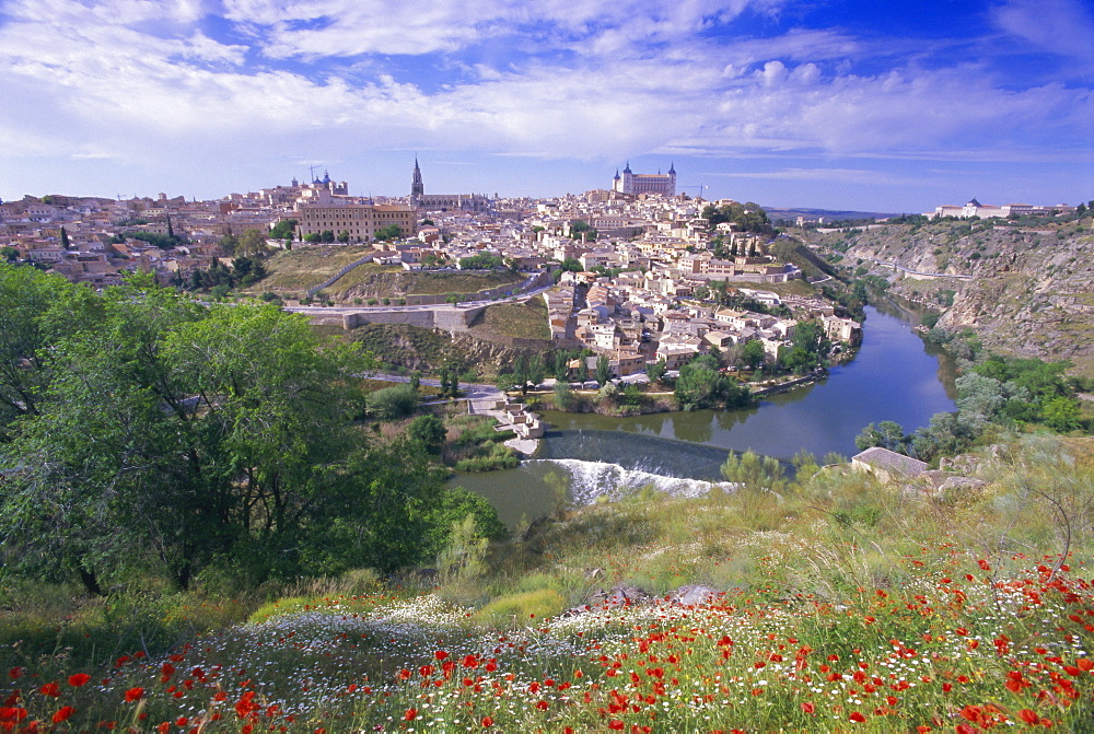 View of the city and Tagus River (Rio Tajo), Toledo, Castilla La Mancha, Spain, Europe