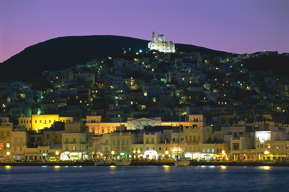 City skyline and church of Anastasis, Ermoupolis City, Syros Island, Cyclades Islands, Greece, Europe