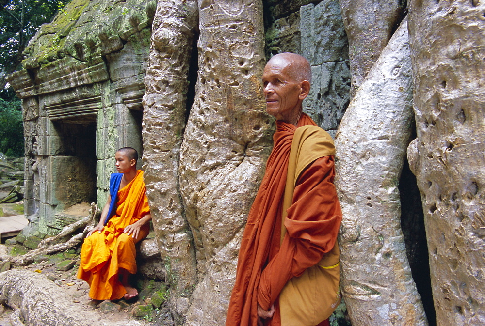 Buddhist monks in Ta Prohm temple, Angkor, UNESCO World Heritage Site, Siem Reap, Cambodia, Indochina, Asia