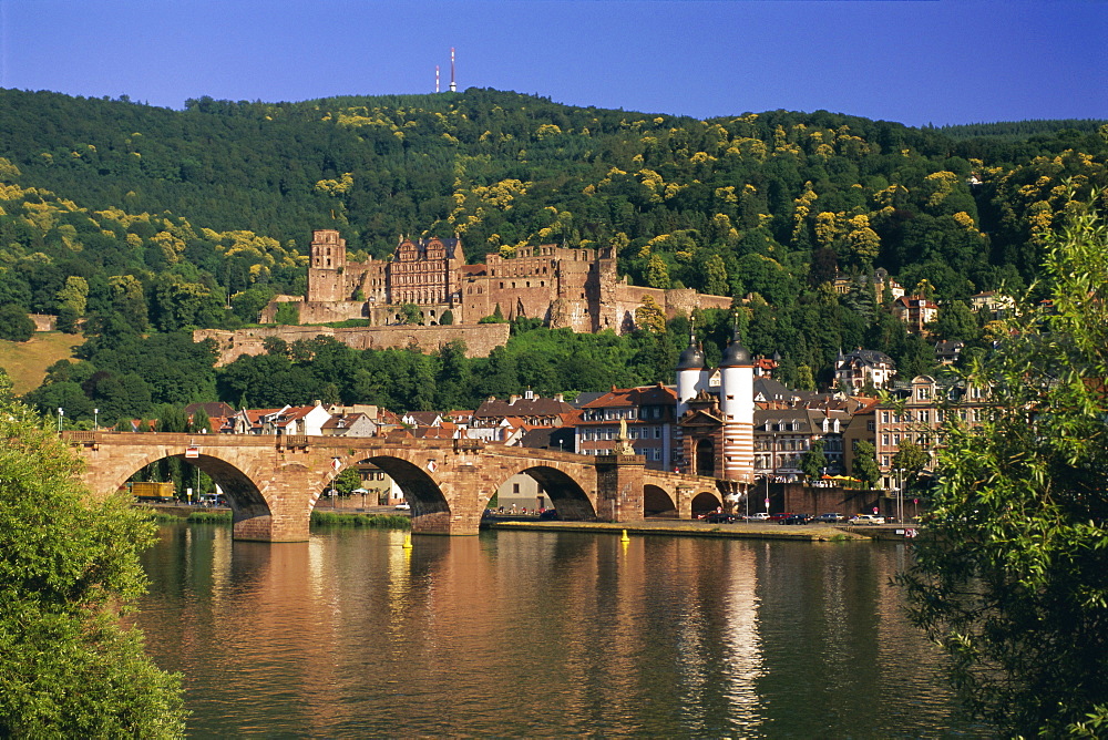 Castle, Neckar River and Alte Bridge, Heidelberg, Baden Wurttemberg, Germany, Europe