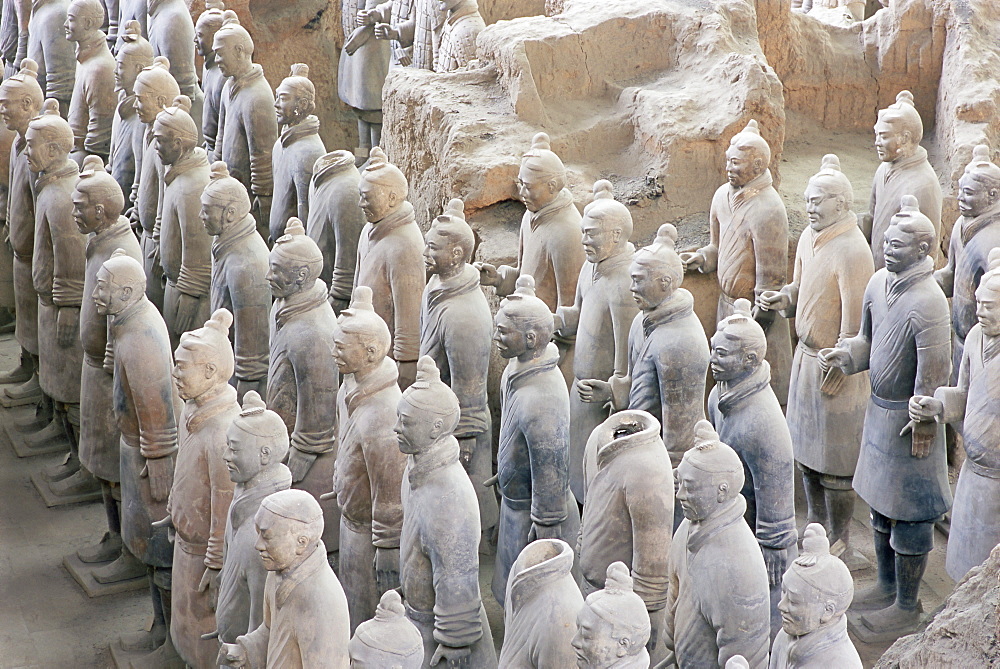 Detail of some of the six thousand statues in the Army of Terracotta Warriors, 2000 years old, from the tomb of the First Emperor of China, Qin Shi Huang, Xian, Shaanxi Province, China, Asia