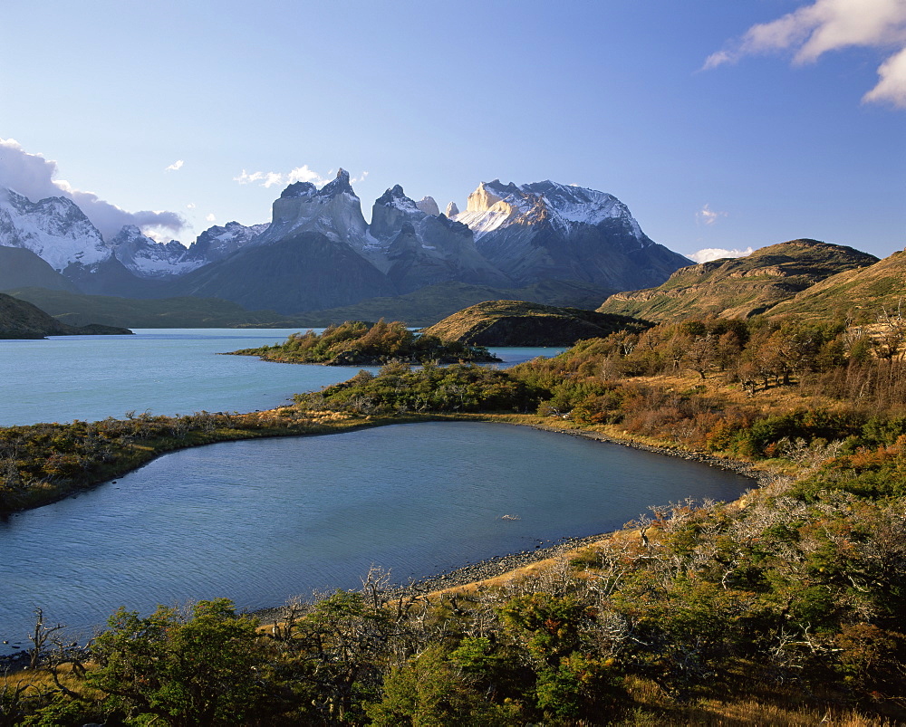 Cuernos del Paine rising up above Lago Pehoe, Torres del Paine National Park, Patagonia, Chile, South America