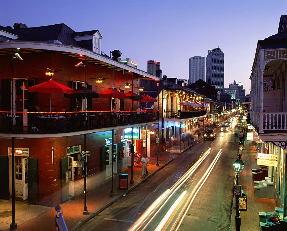 City skyline and Bourbon Street, New Orleans, Louisiana, United States of America, North America