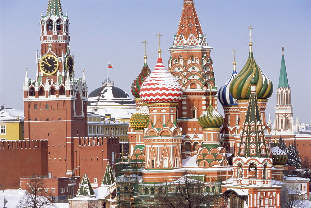 St. Basil's Christian cathedral in winter snow, Red Square, UNESCO World Heritage Site, Moscow, Russia, Europe