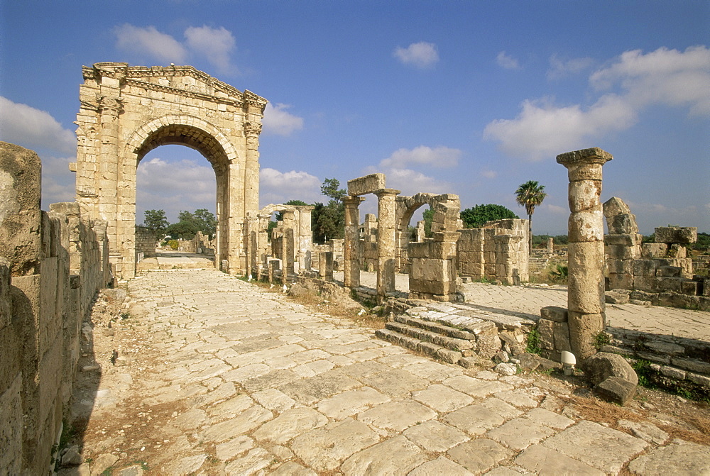 Roman triumphal arch and colonnaded street, Al Bas site, Tyre (Sour), UNESCO World Heritage Site, the South, Lebanon, Middle East