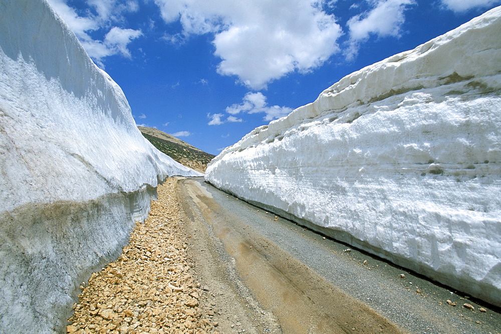 Spring snow on road crossing the Mount Lebanon range near Bcharre, Lebanon, Middle East