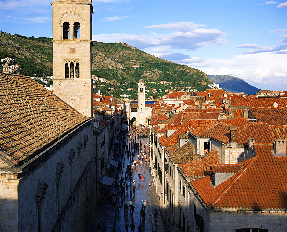 Elevated view along the pedestrian street of Placa to the clock tower, UNESCO World Heritage Site, Dubrovnik, Croatia, Europe