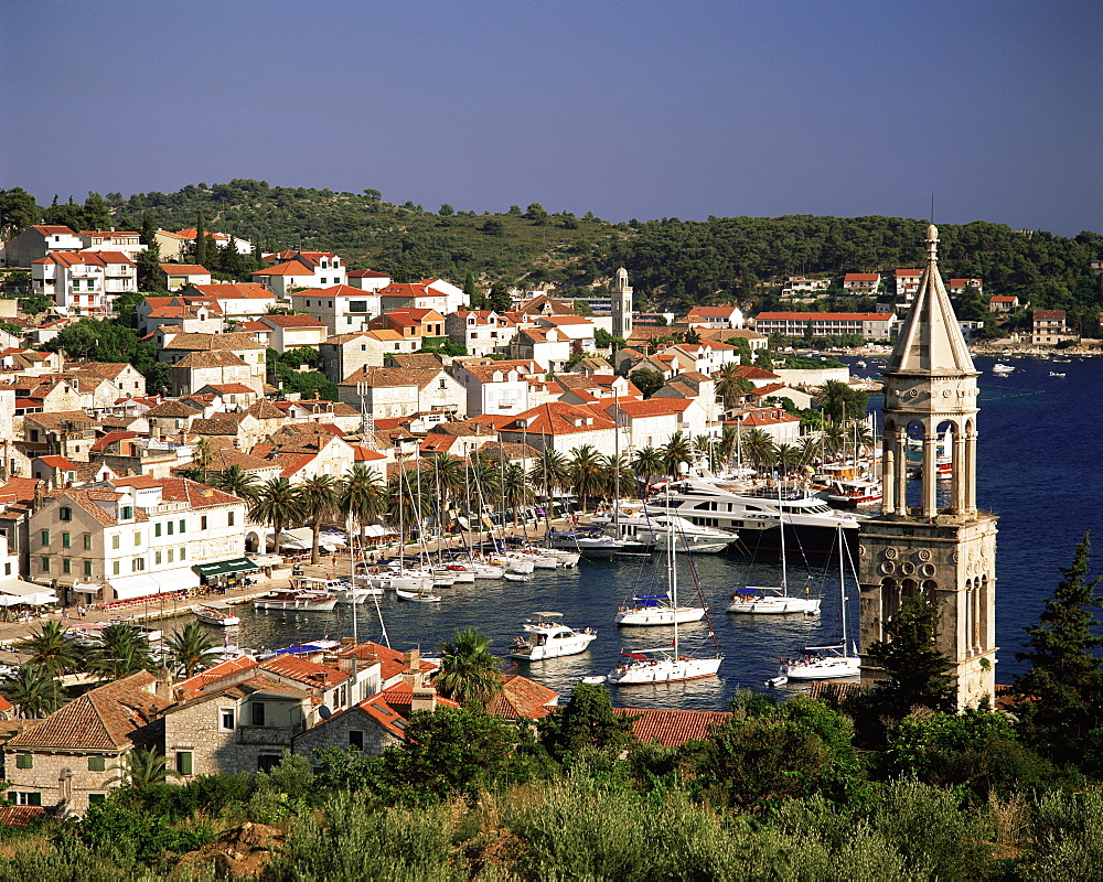 Elevated view of the town and harbour, Hvar Town, Hvar Island, Dalmatia, Dalmatian coast, Croatia, Europe