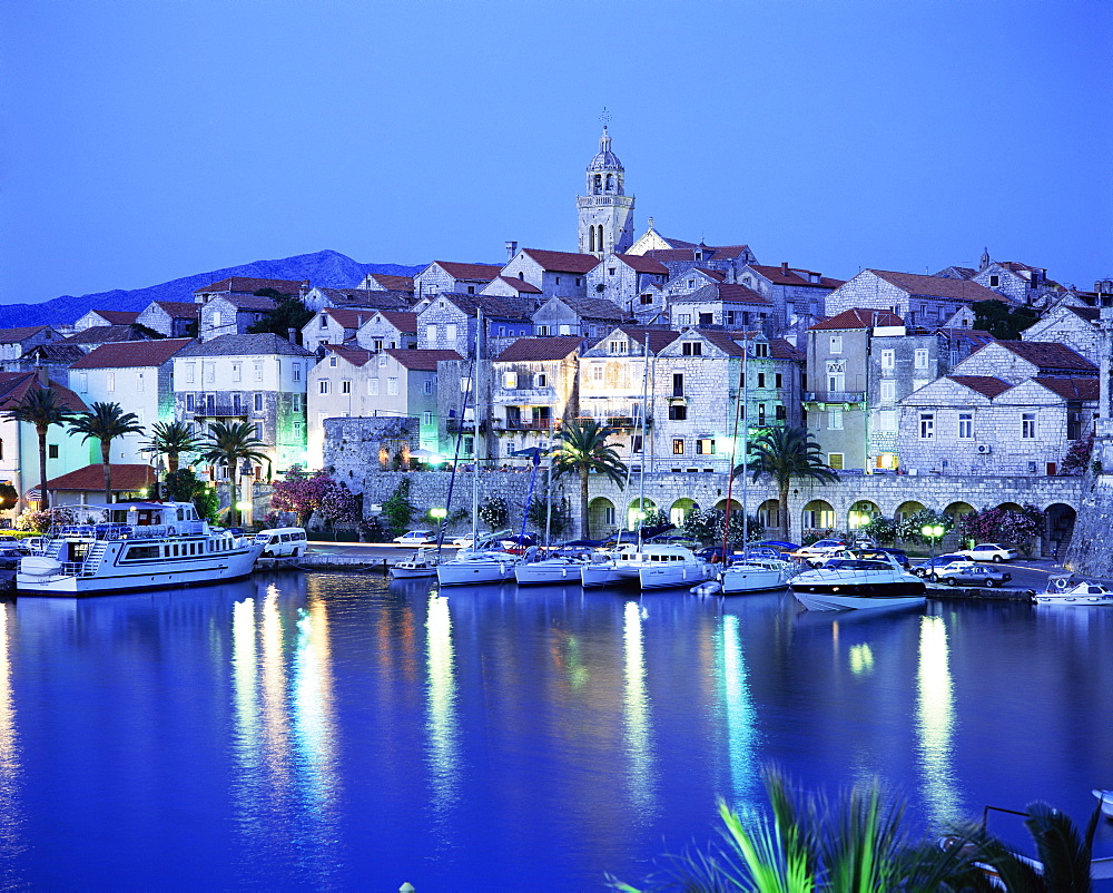 View of Korcula Town at dusk, Korcula Island, Dalmatia, Dalmatian coast, Croatia, Europe