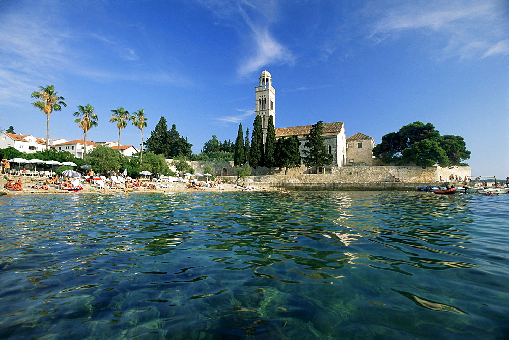 Franciscan monastery and beach, Hvar Town, Hvar Island, Dalmatia, Croatia, Europe