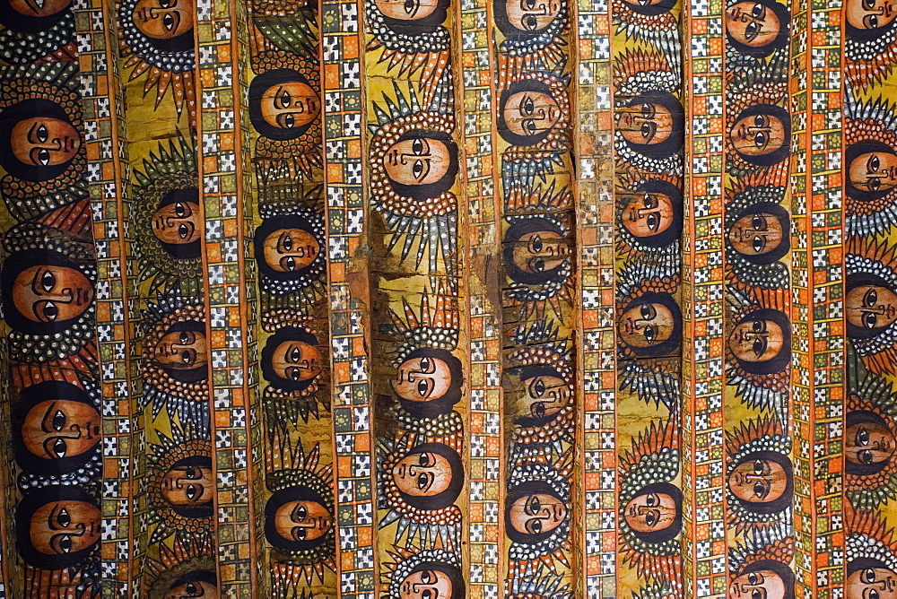 The famous painting on the ceiling of the winged heads of 80 Ethiopian cherubs, UNESCO World Heritage Site, Trinity of the Mount of Light, Gonder, Debre Selassie Church, Ethiopia, Africa