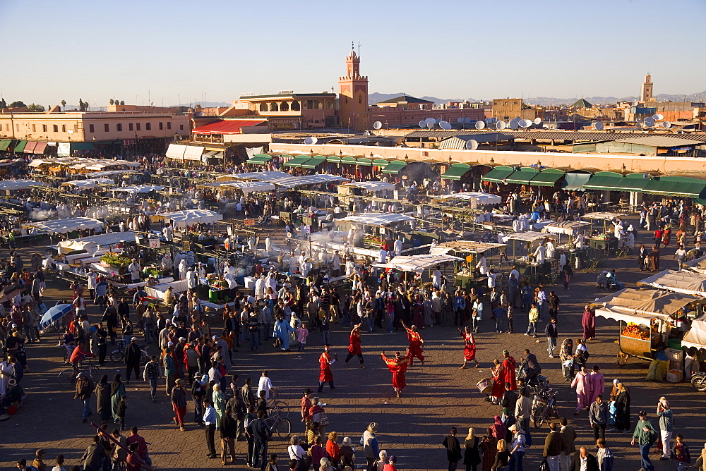 Elevated view over the Djemaa el-Fna, with food stalls filling the square in the evening, Marrakech (Marrakesh), Morocco, North Africa, Africa